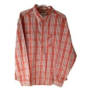 LIFE KHAKI SHIRT SLIM XL BUTTON DOWN POCKETS PLAID ORANGE LONG SLEEVE